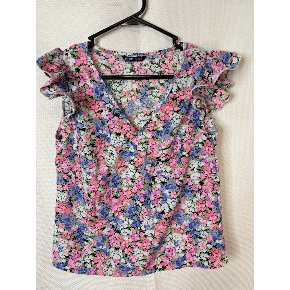 SHEIN Multicolor Floral Ruffle Sleeve V-Neck Lightweight Blouse Women's Size S